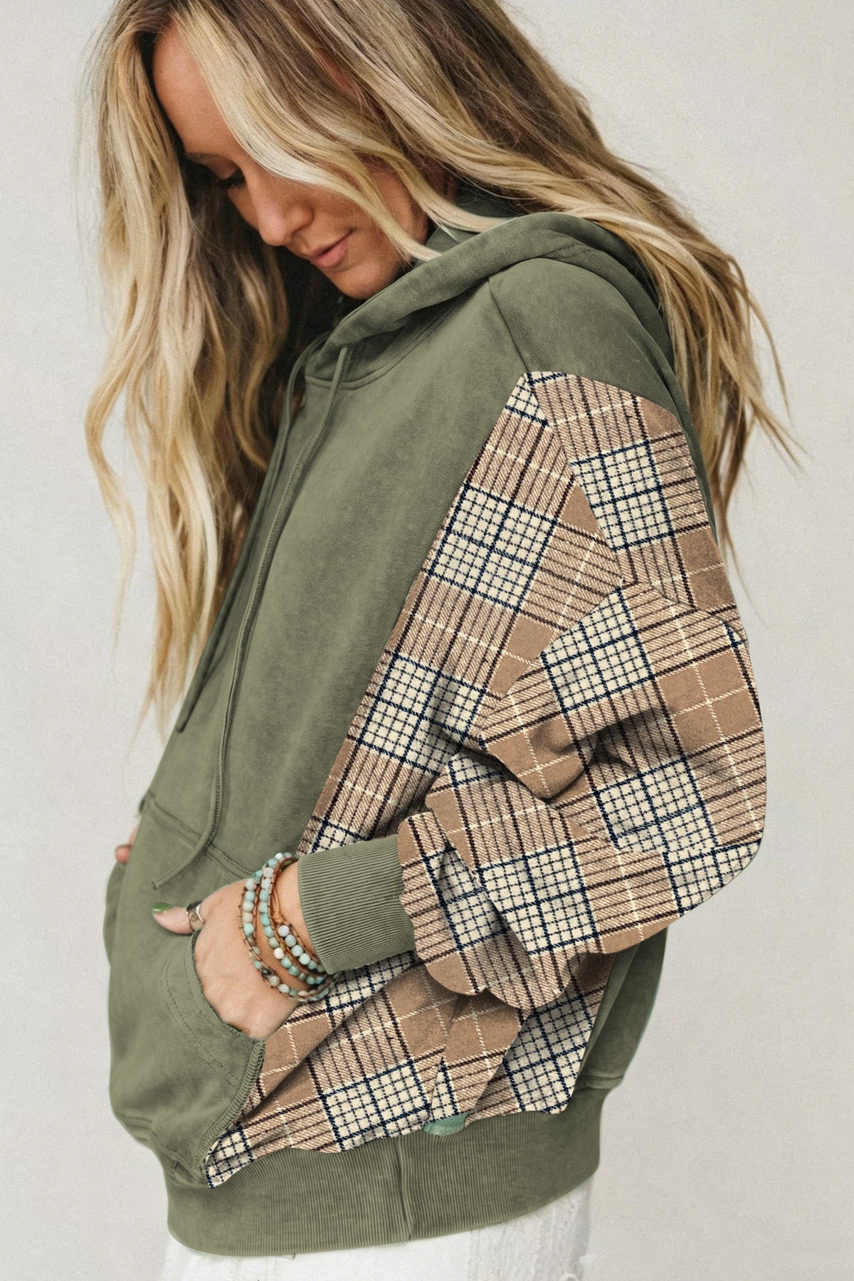 Moss Green Plaid Sleeve Drawstring Pocket Hooded Sweatshirt Dear-Lover Dropshipping