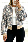 Women's multicolor camo zip bomber sweatshirt with color block trim