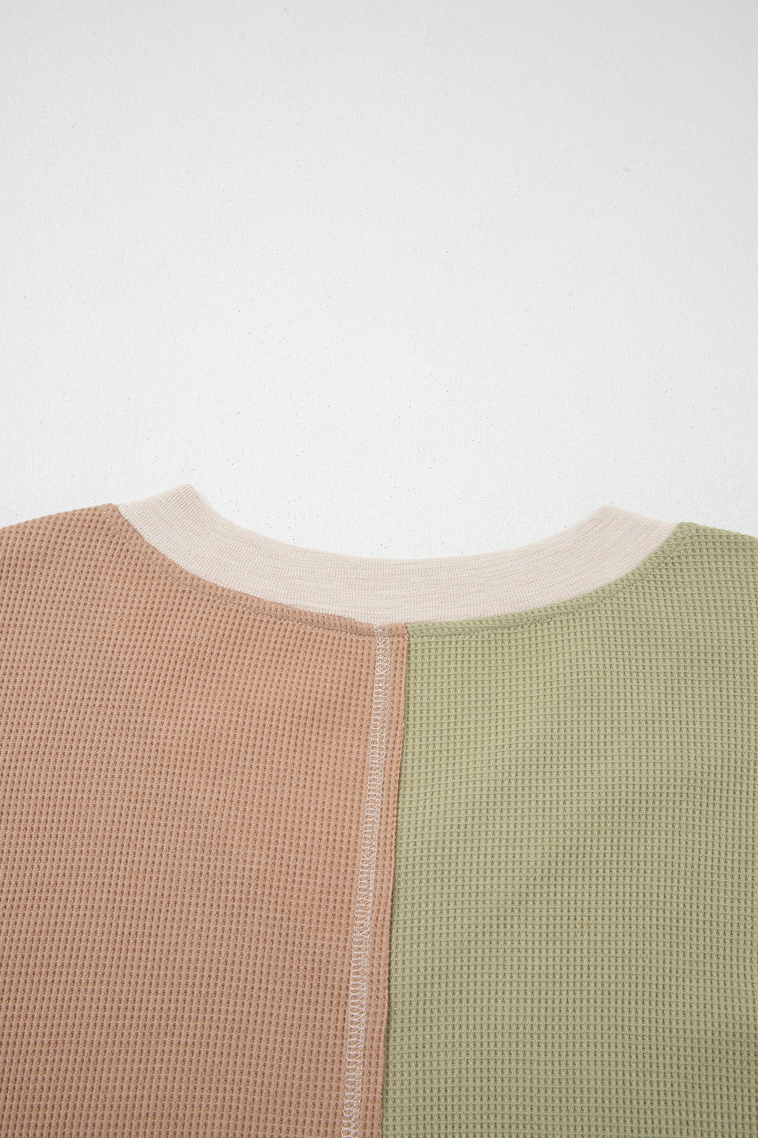 Green plus size V-neck top with mixed texture and long sleeves