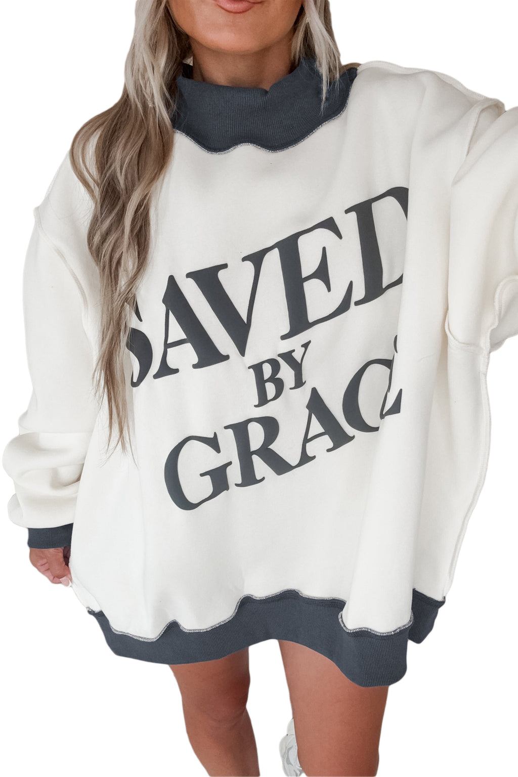 Beige Saved By Grace Print Color Block Mock Neck Oversized Sweatshirt Dear-Lover Dropshipping