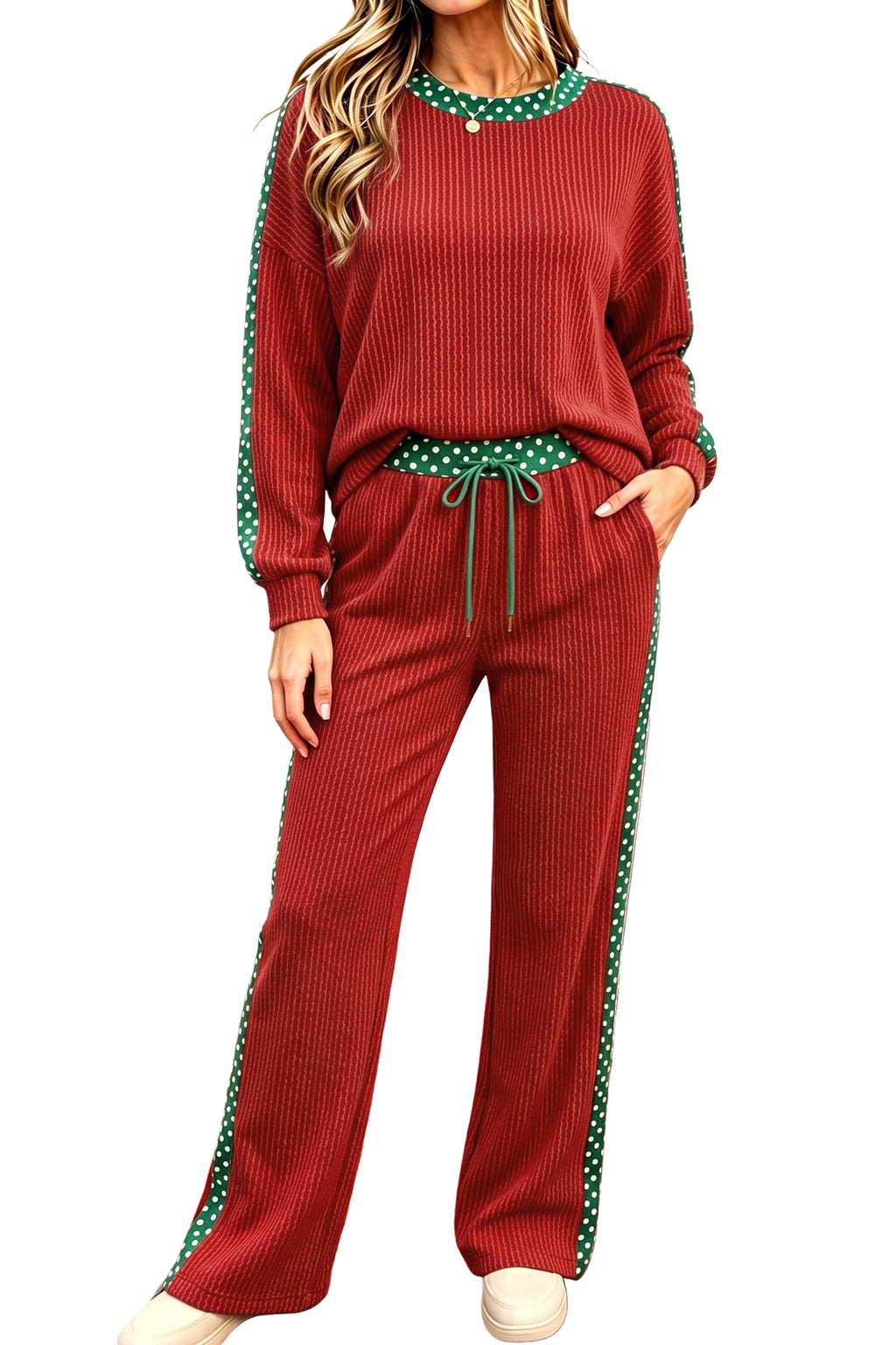 Simply Taupe Ribbed Leopard Trim Pant Set fabric detail