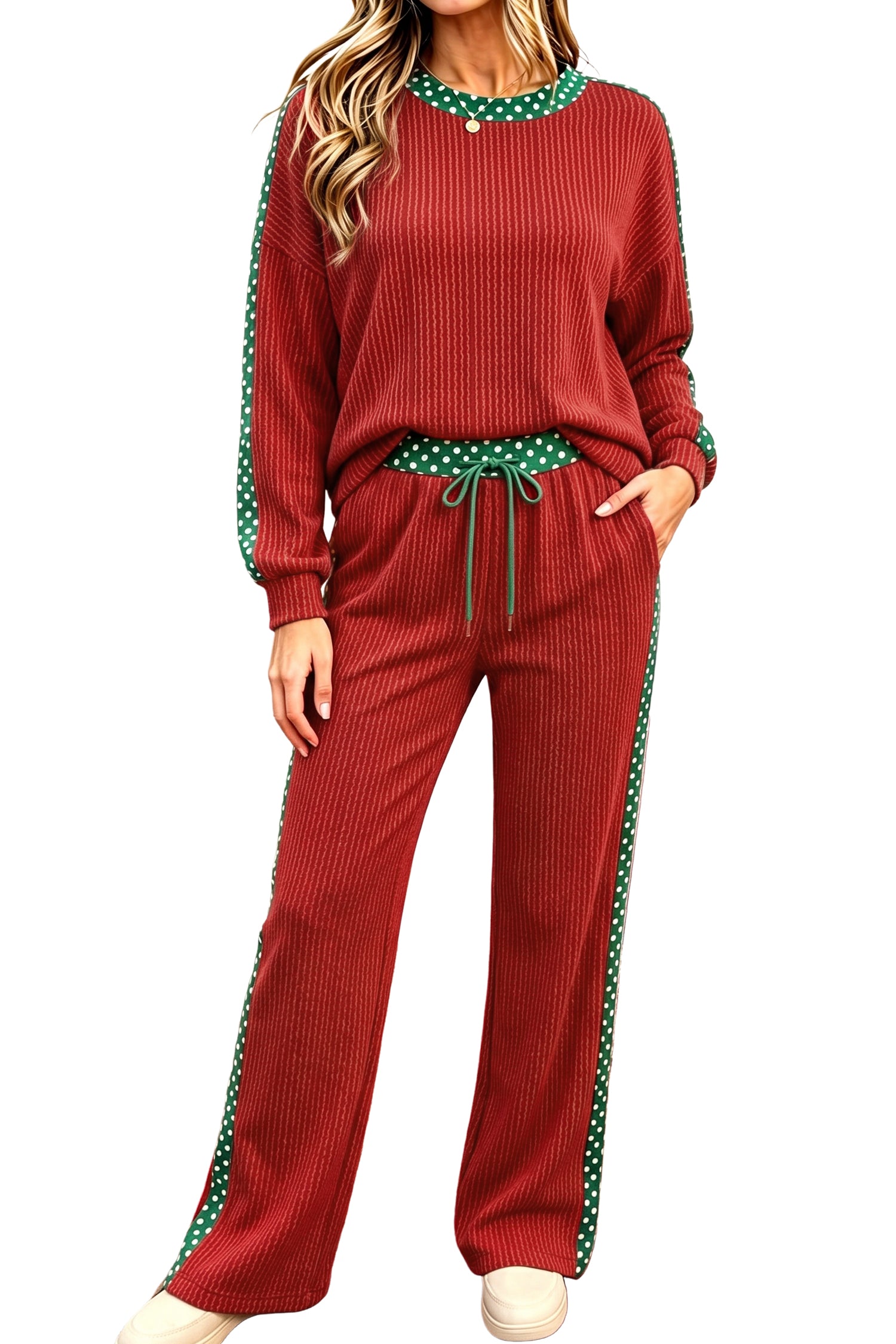 Simply Taupe Ribbed Leopard Trim Pant Set fabric detail