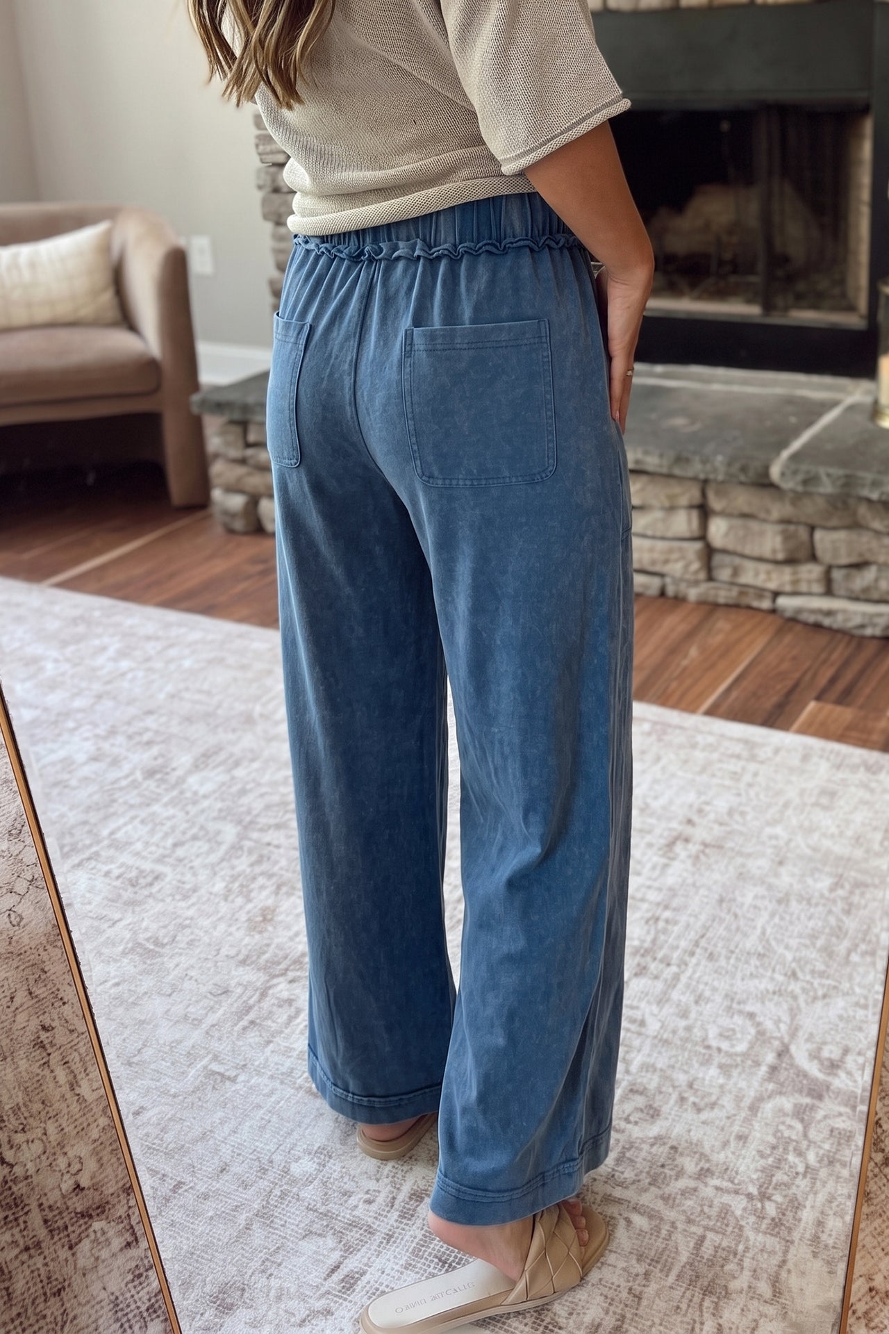 Blue Mineral Wash Flare Leg Drawstring Pants