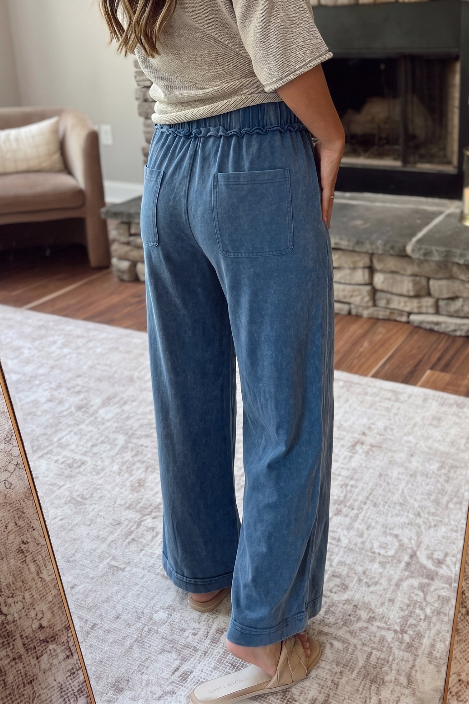 Blue Mineral Wash Flare Leg Drawstring Pants