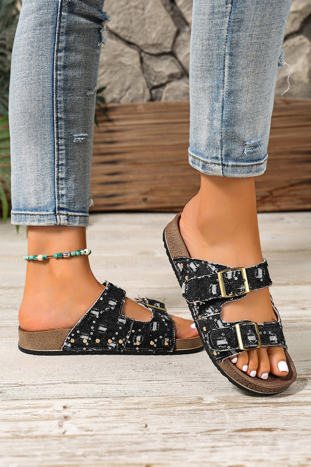 Black two-tone buckle slippers, view 11