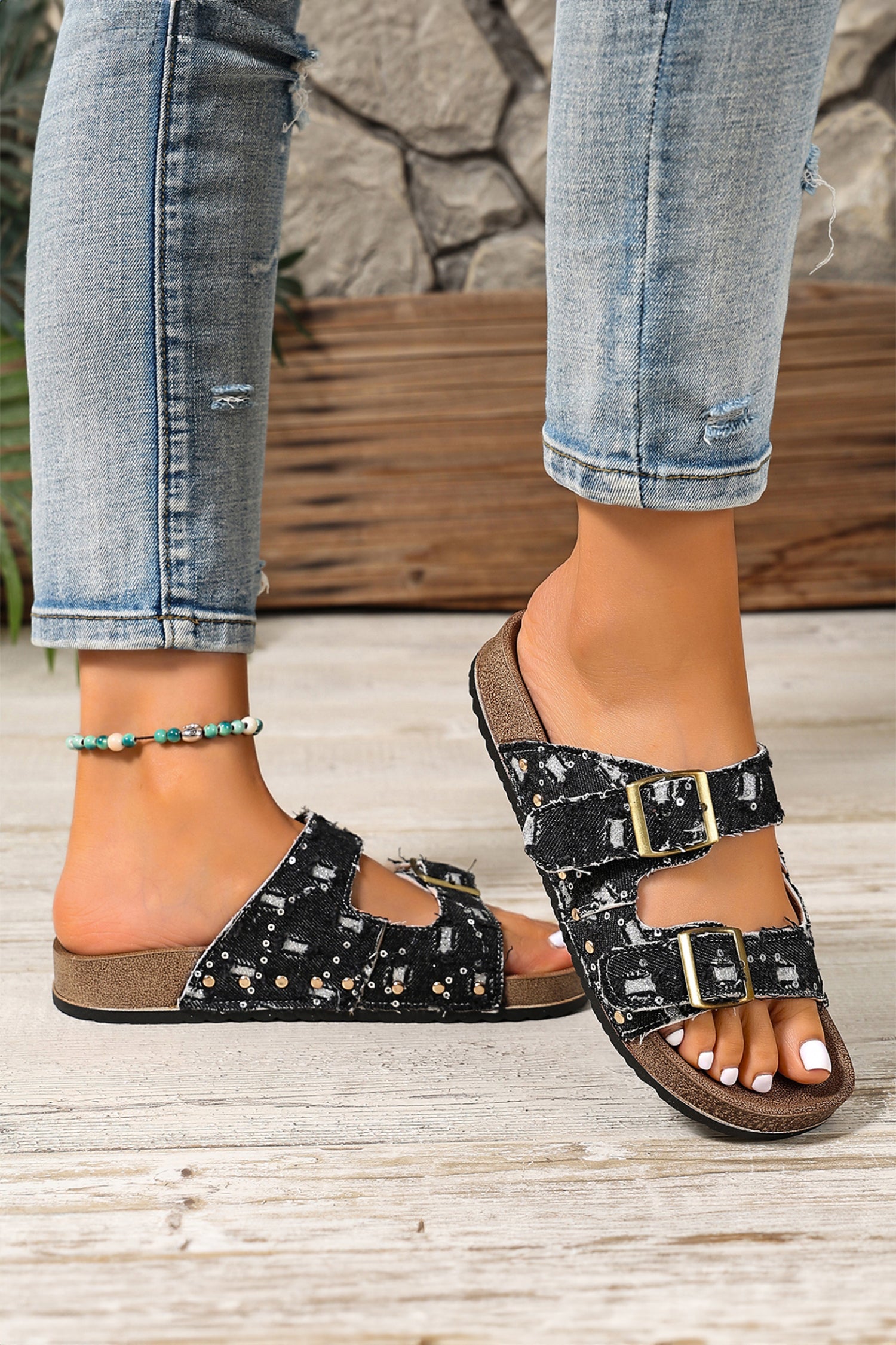 Black Two-Tone Buckle Strap Slippers