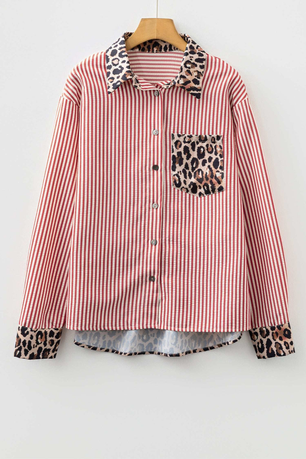 Racing Red button-up shirt with vertical stripes, leopard print collar, cuffs, and chest pocket for a bold patchwork look.