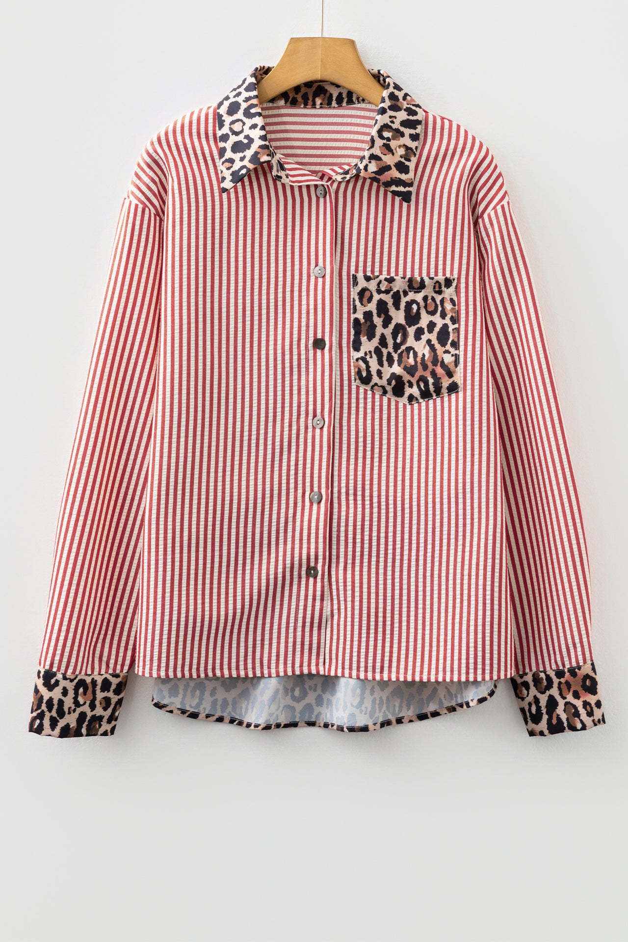 Racing Red Striped Leopard Print Patchwork Button Up Womens Shirt