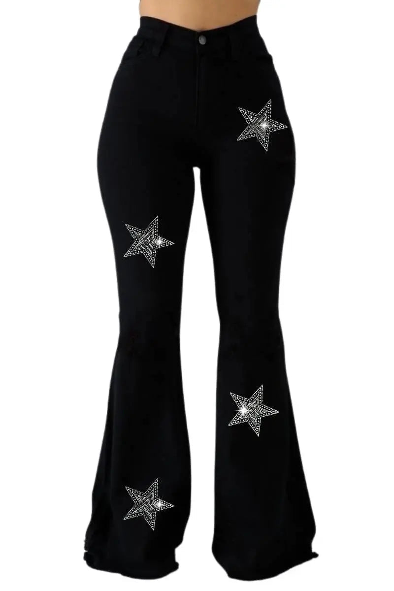 Black Denim Star Rhinestone Bell Bottom Jeans -32” Inseam