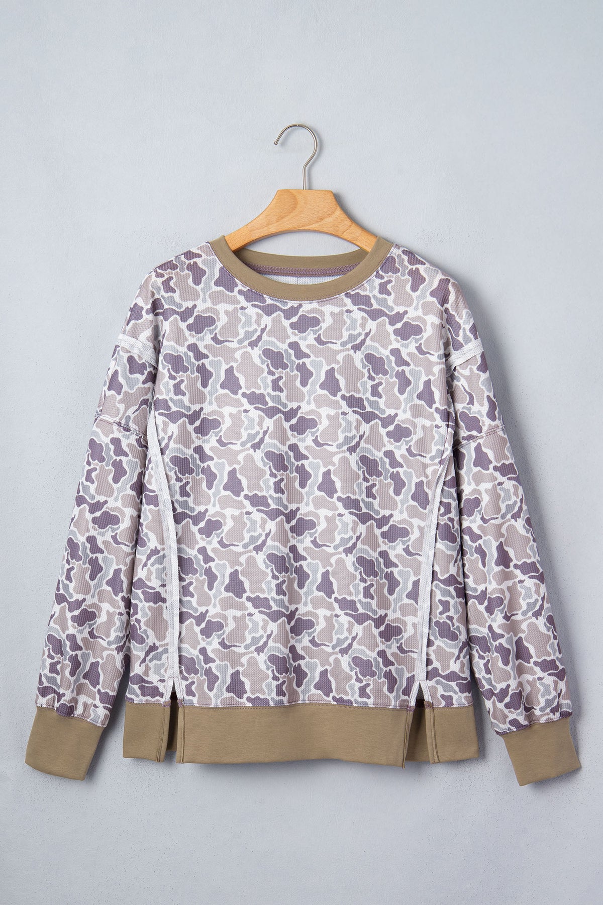 Khaki Camouflage Print Textured Knit Color Block Trim Long Sleeve Top Dear-Lover Dropshipping