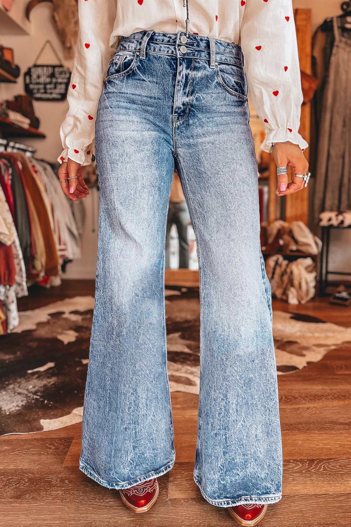 Blue acid wash flare jeans, view 4