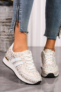 Women's white lace-up low-top sneakers with leopard print