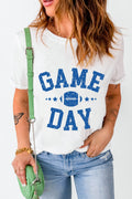 Women's white crewneck tee with rugby football GAME DAY graphic