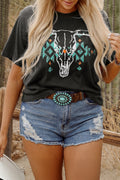 Plus size carbon grey tee with aztec bull skull print