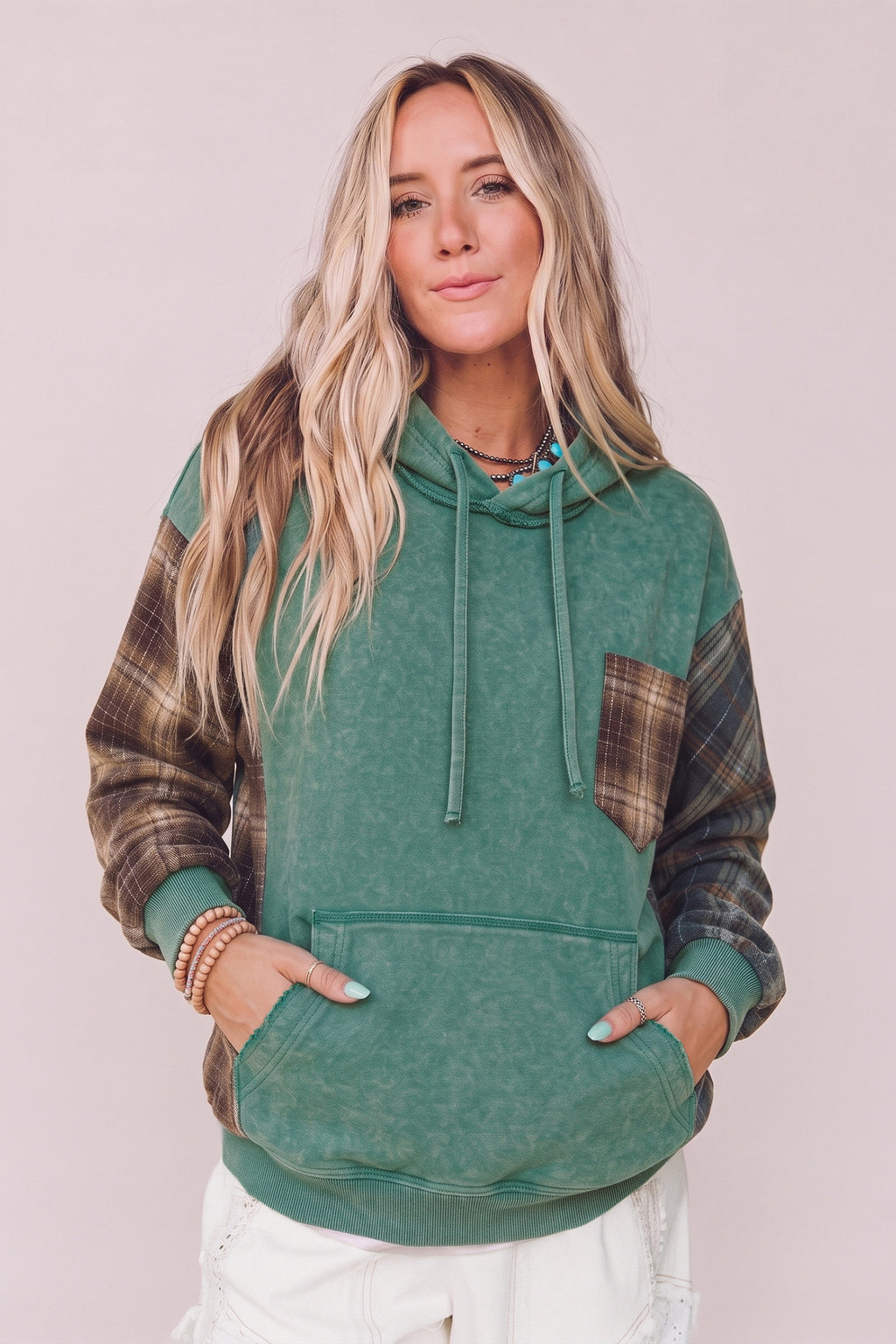 Smoke Green Plaid Colorblock Hoodie Dear-Lover Dropshipping