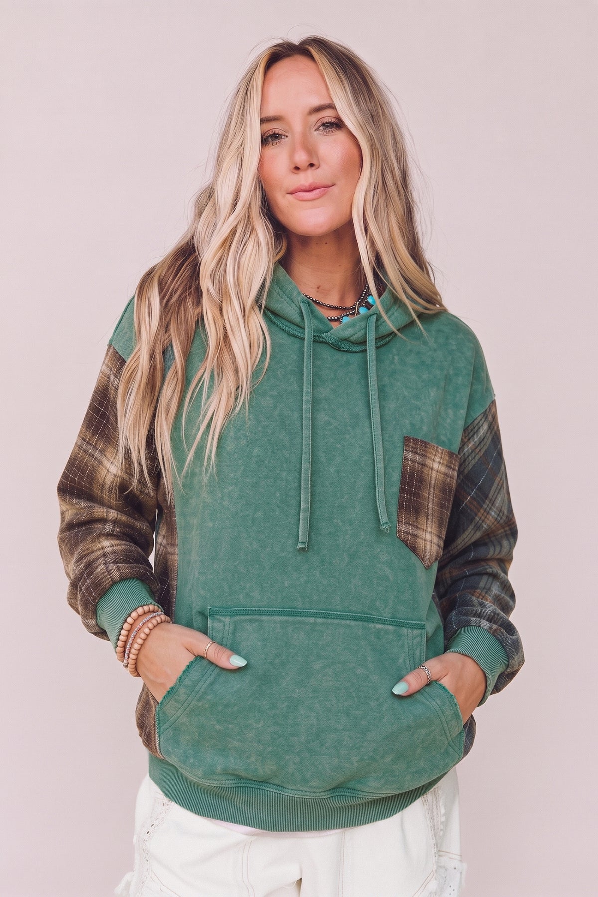 Smoke Green Plaid Colorblock Hoodie Dear-Lover Dropshipping