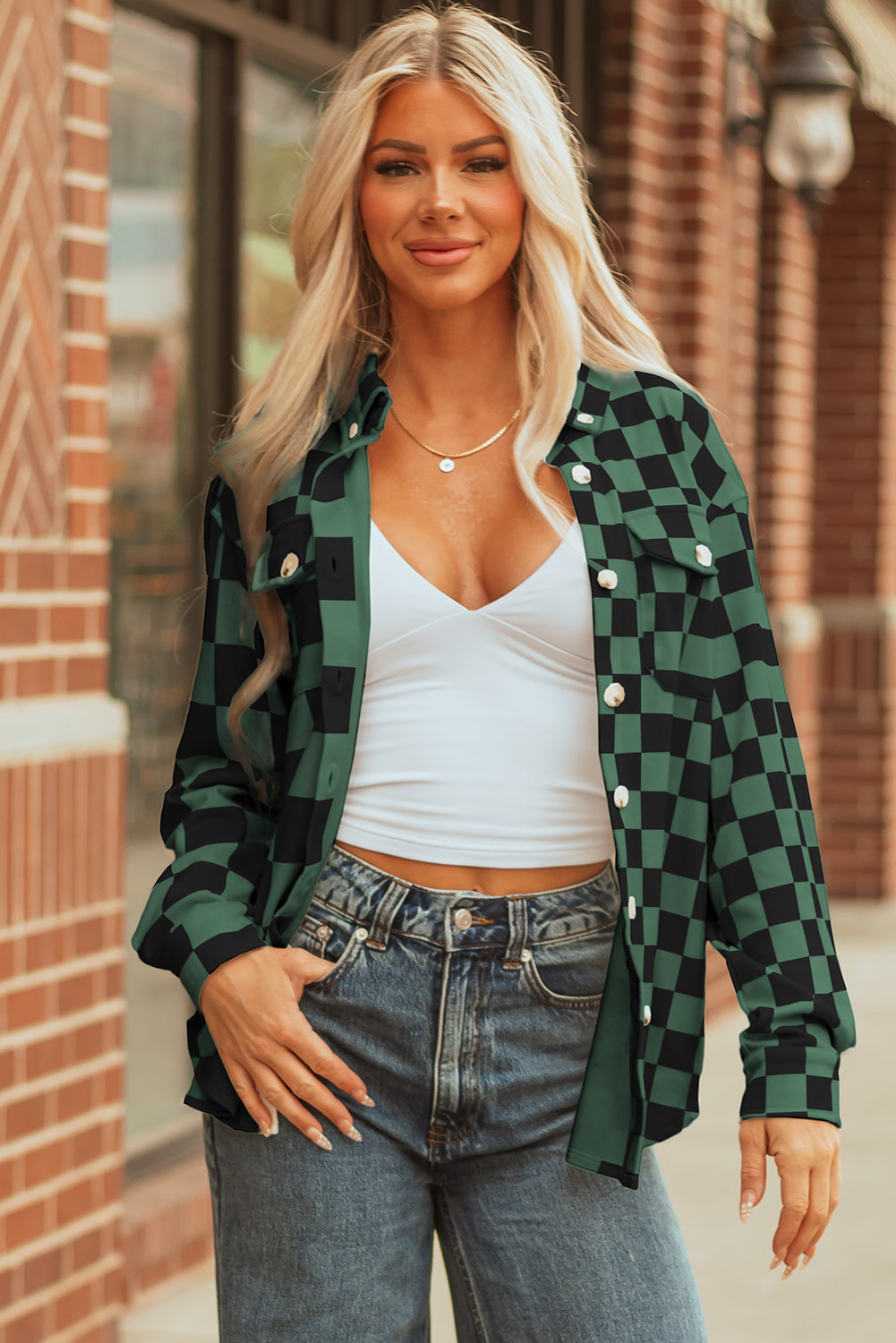 Black Checkerboard Flap Pocket Button Front Shacket Dear-Lover Dropshipping