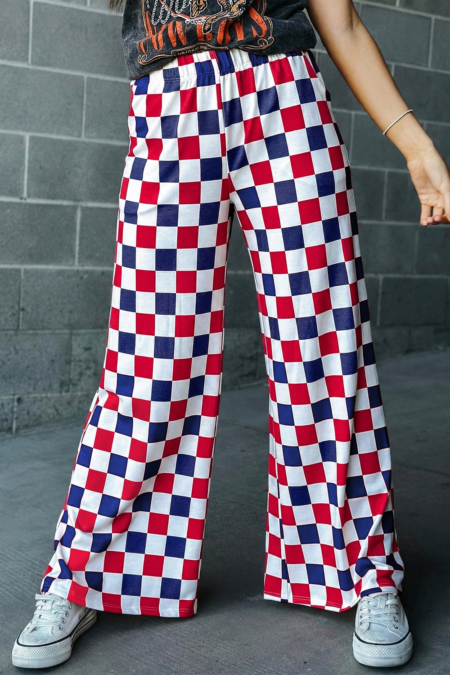 Bonbon 2-Tone Checked Print High Waist Wide Leg Pants
