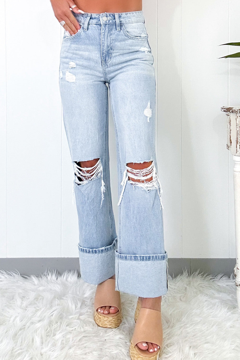 Light wash distressed jeans, view 3