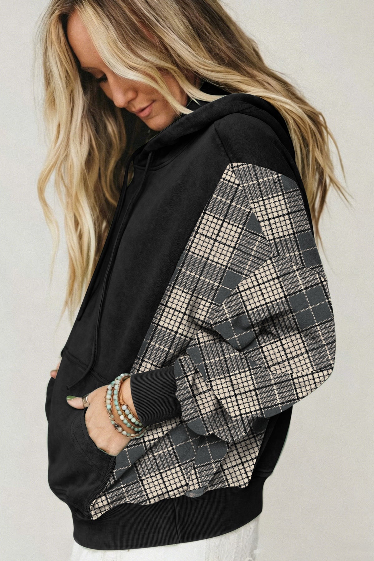 Moss Green Plaid Sleeve Drawstring Pocket Hooded Sweatshirt Dear-Lover Dropshipping