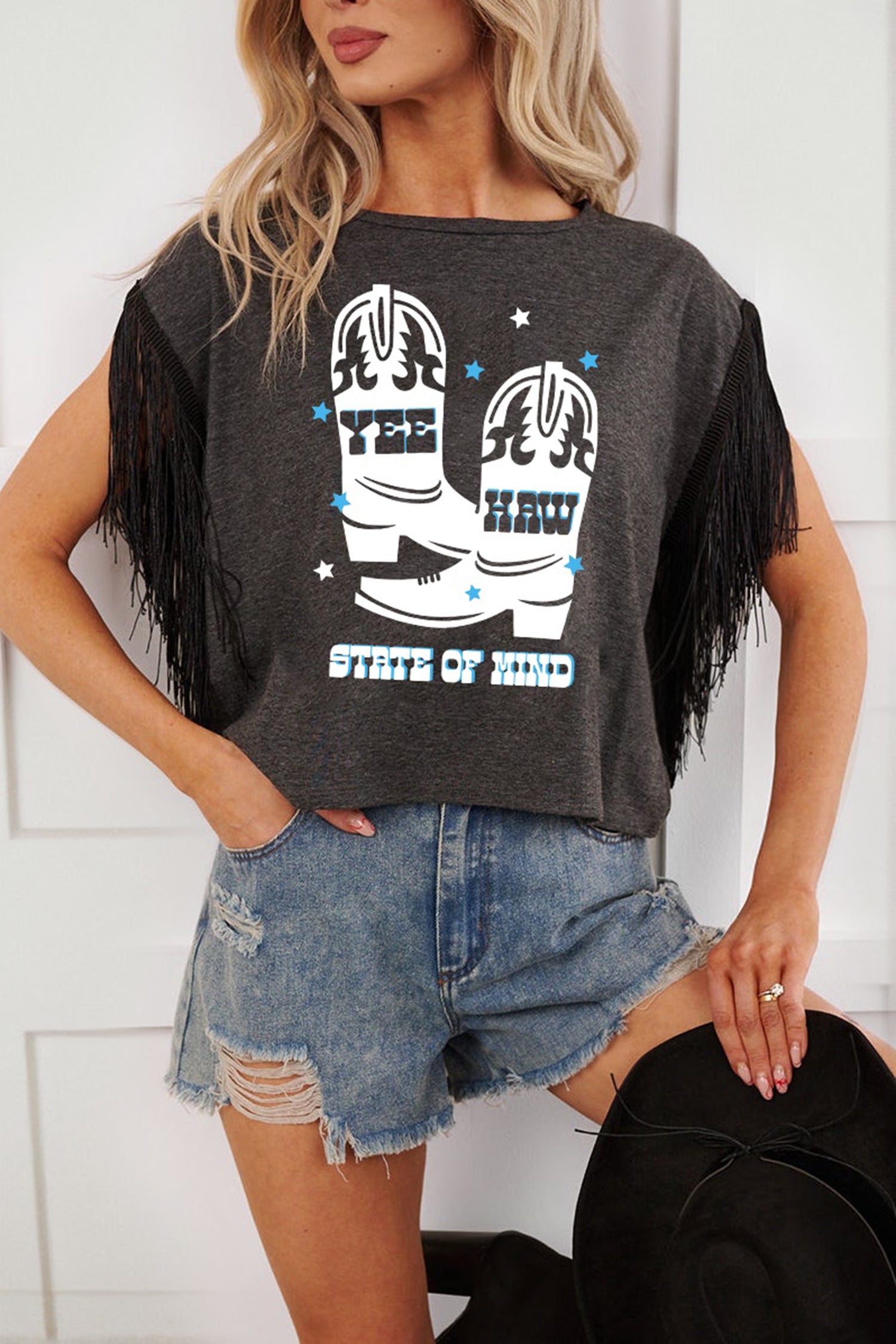 Carbon Grey YEE HAW Boots STATE OF MIND Fringed Sleeve Tee