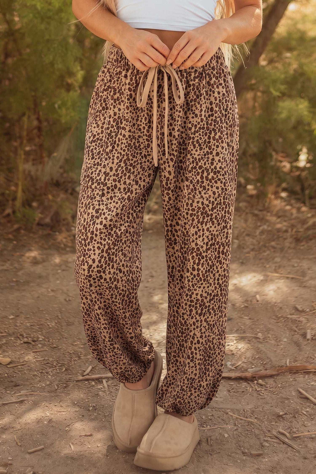 Women's khaki leopard drawstring pants with patch pockets