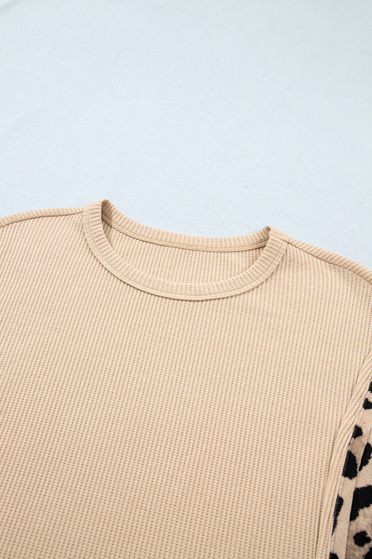 Gray Morn Leopard Sleeve Waffle Knit Split Hem Top