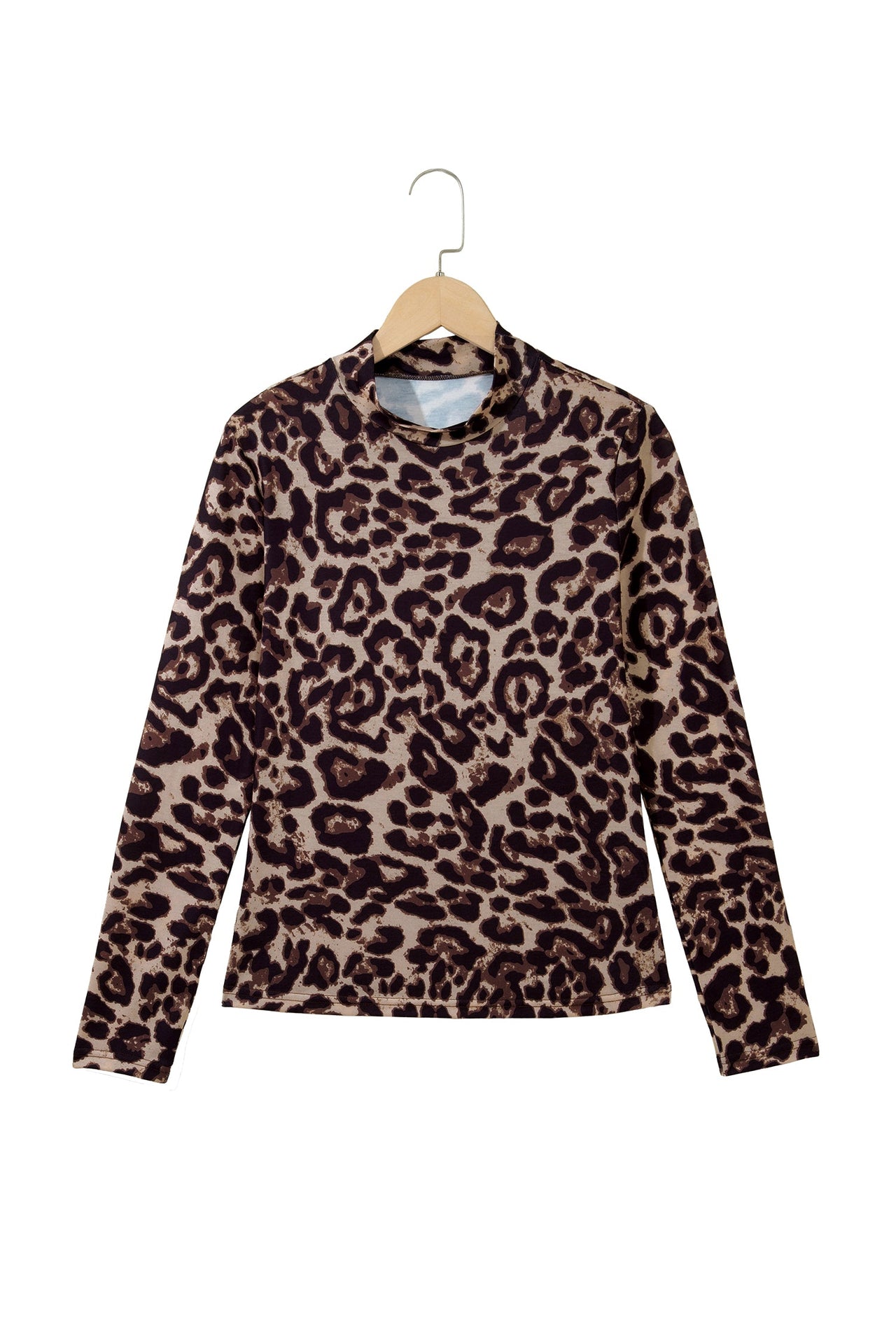 Khaki Leopard High Neck Long Sleeve Western Slim Top