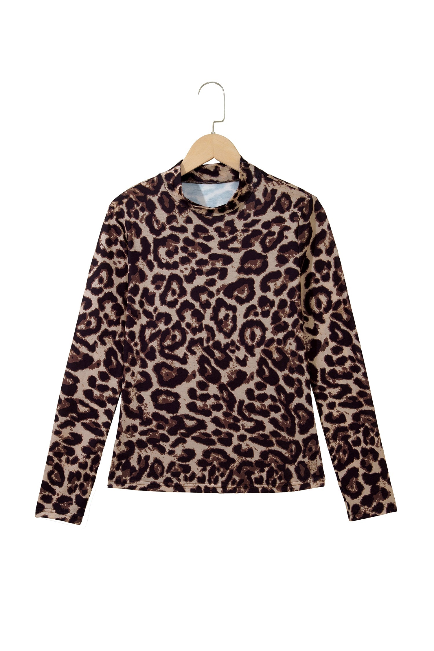 Khaki Leopard High Neck Long Sleeve Western Slim Top