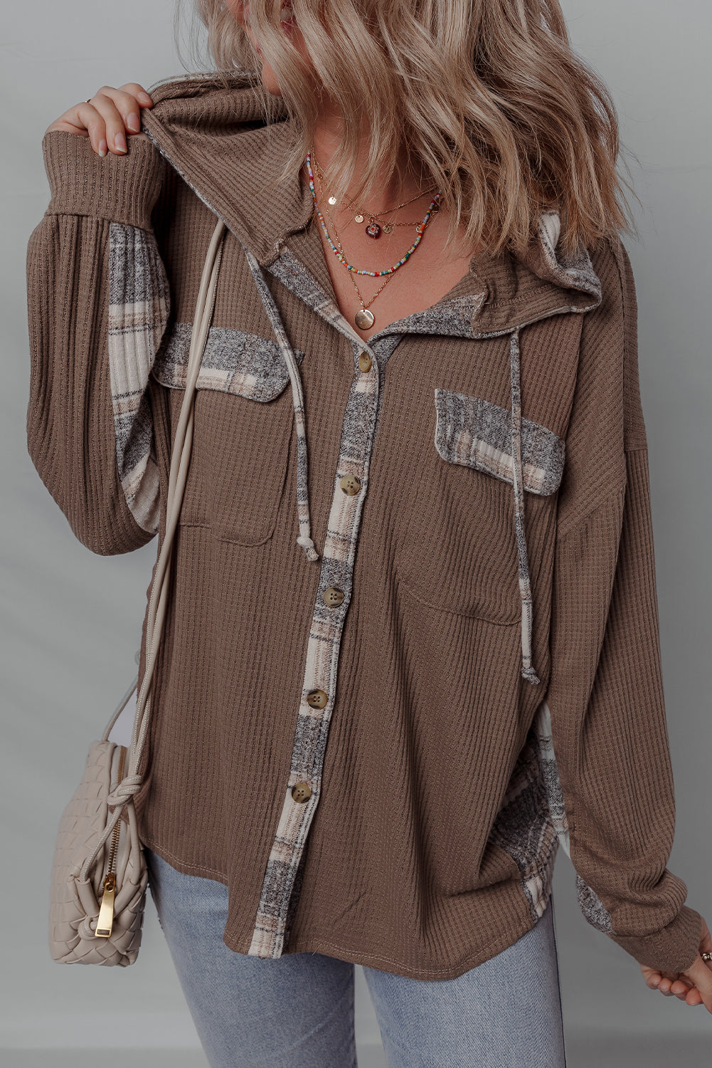 Brown Plaid Patchwork Button Down Drawstring Hooded Shacket Dear-Lover Dropshipping