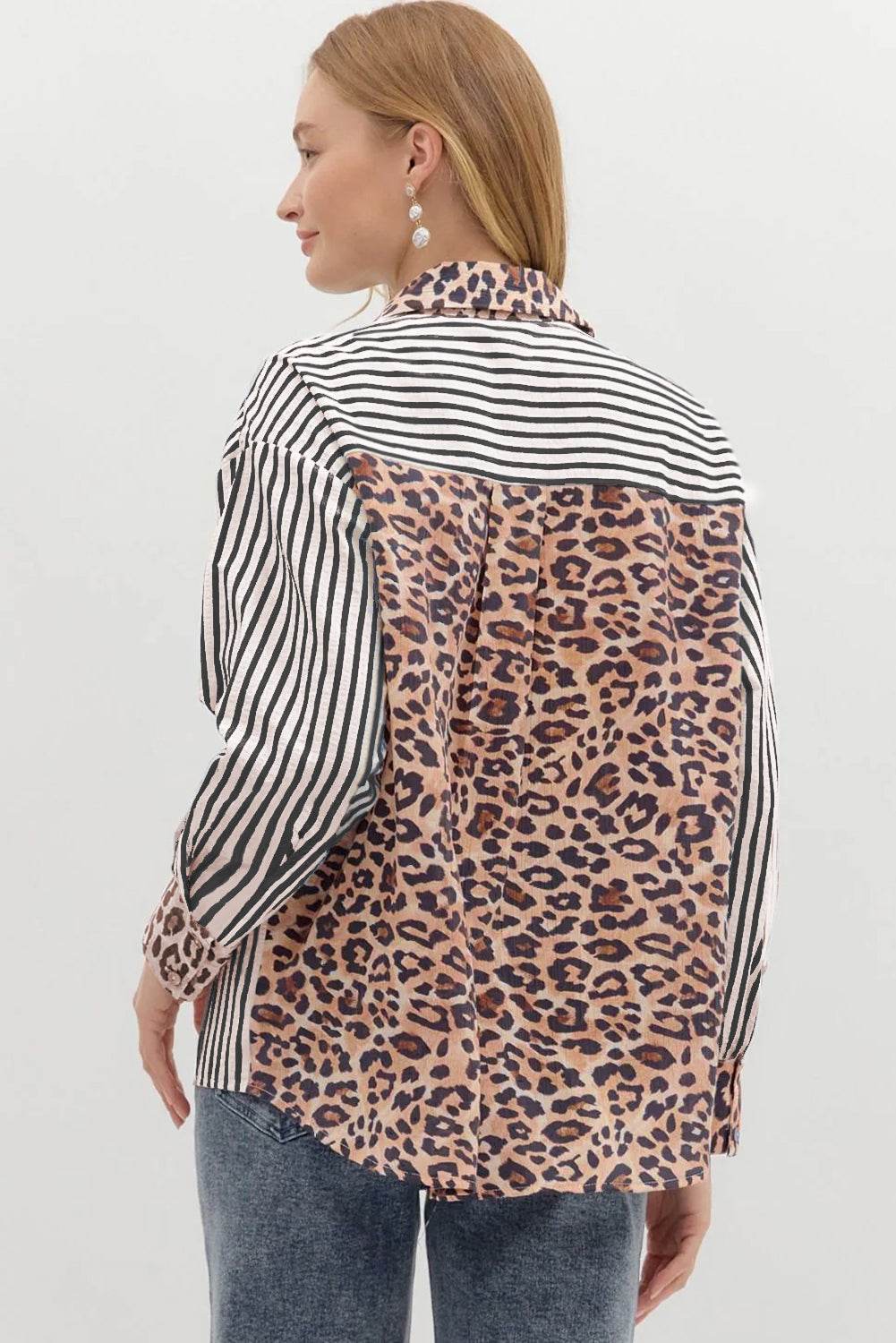 Racing Red patchwork button-up shirt with black and white stripes and leopard print contrasting collar and back panel