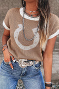Women's khaki short sleeve knit sweater with horseshoe pattern and contrast trim