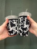 Black Cow Print Coffee Sleeve | Reusable Neoprene Iced Coffee Cup Cover (16–24oz) BashDesignsCo