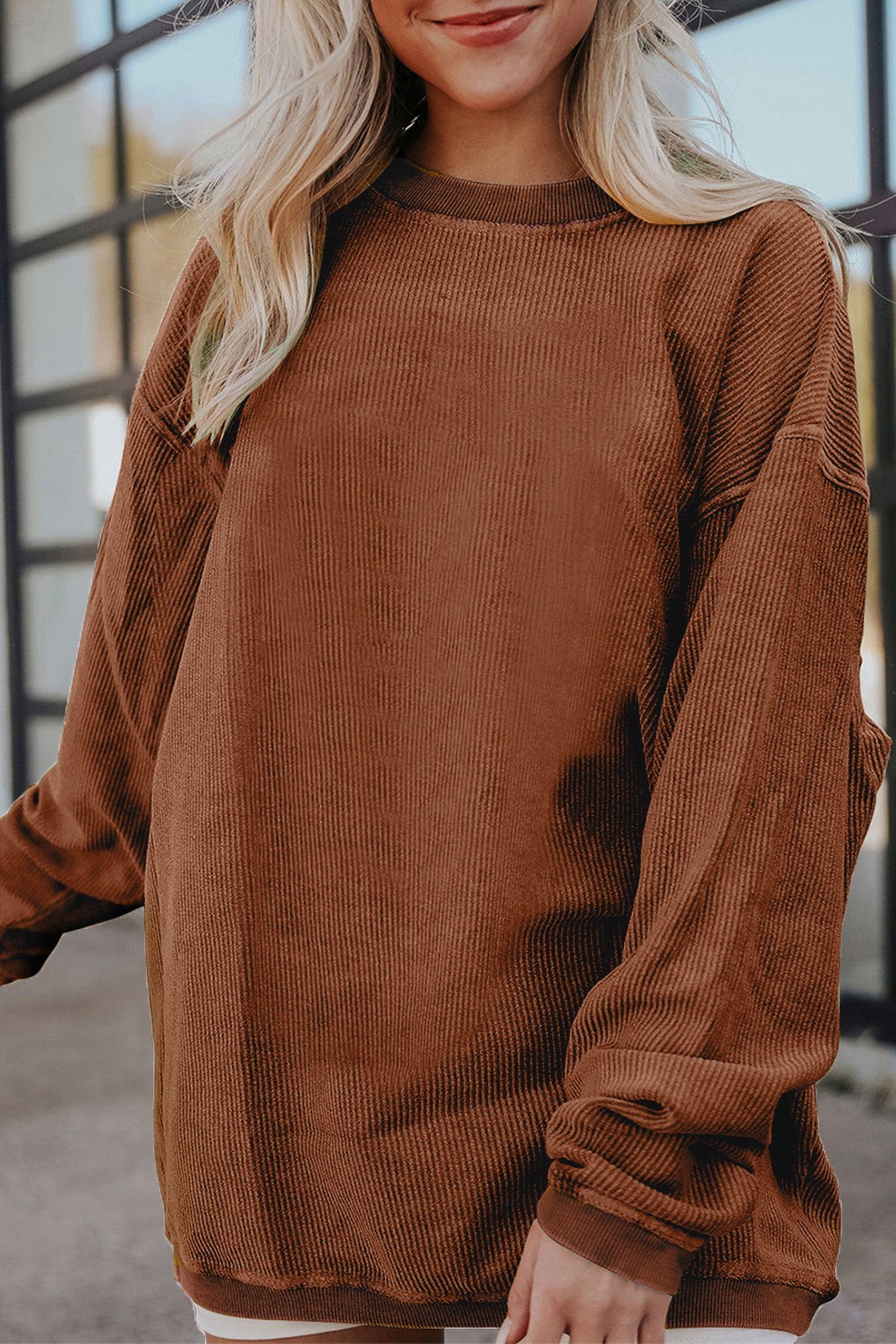 Smoke Gray Ribbed Corduroy Oversized Sweatshirt