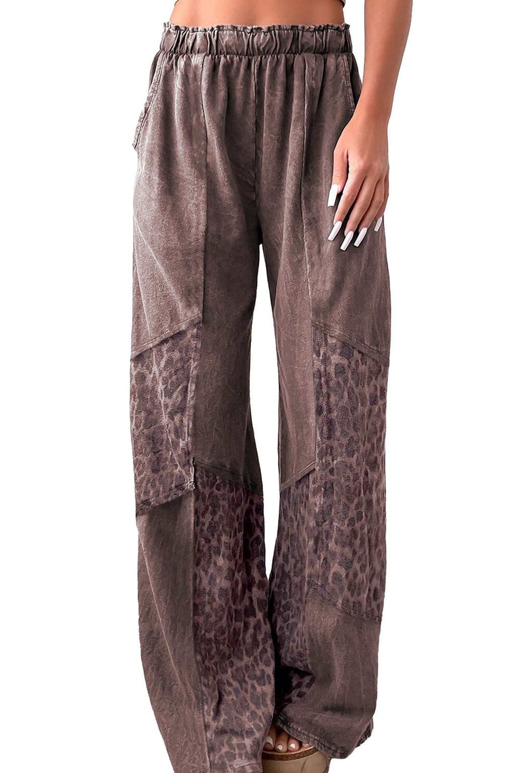 Loose mineral wash pants with Coffee Leopard Patchwork design, elastic waistband, and relaxed fit in brown tones.