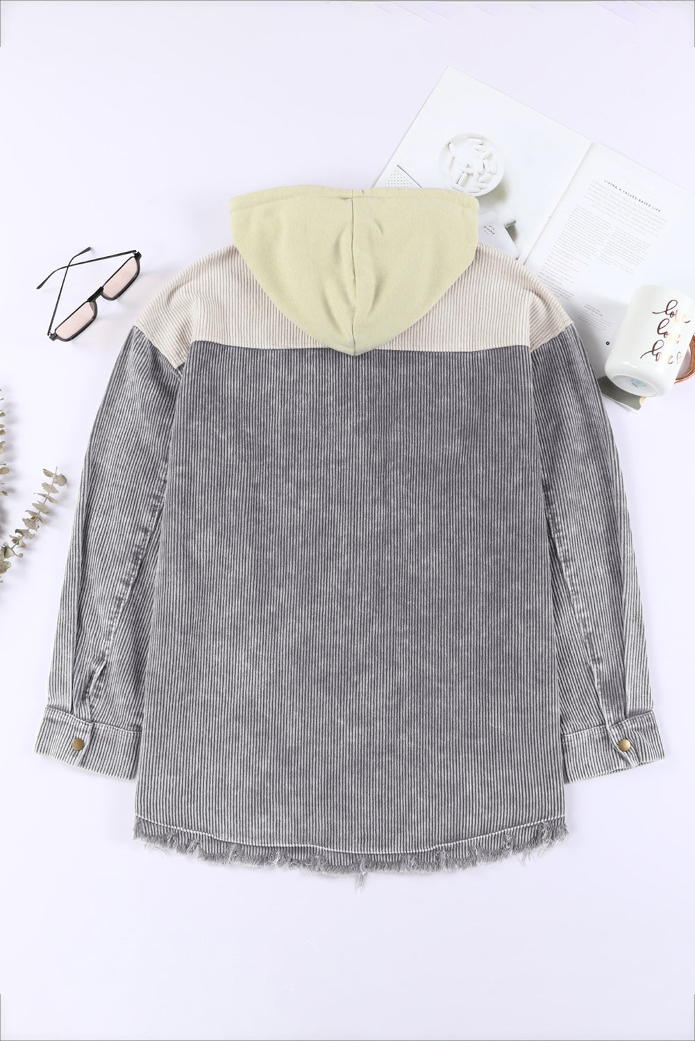 Gray Color Block Button Down Hooded Corduroy Jacket Dear-Lover Dropshipping