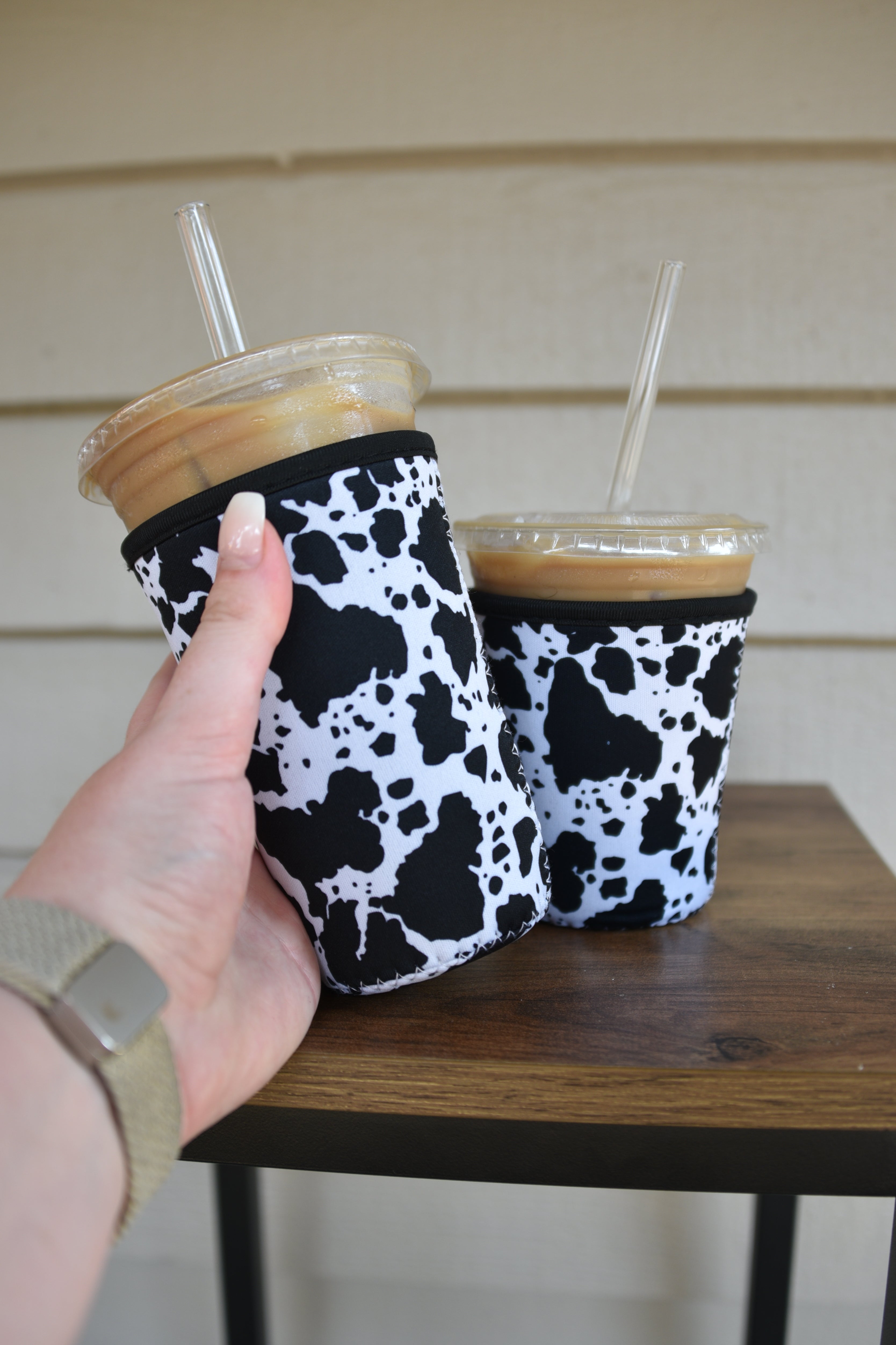 Black Cow Print Coffee Sleeve | Reusable Neoprene Iced Coffee Cup Cover (16–24oz) BashDesignsCo