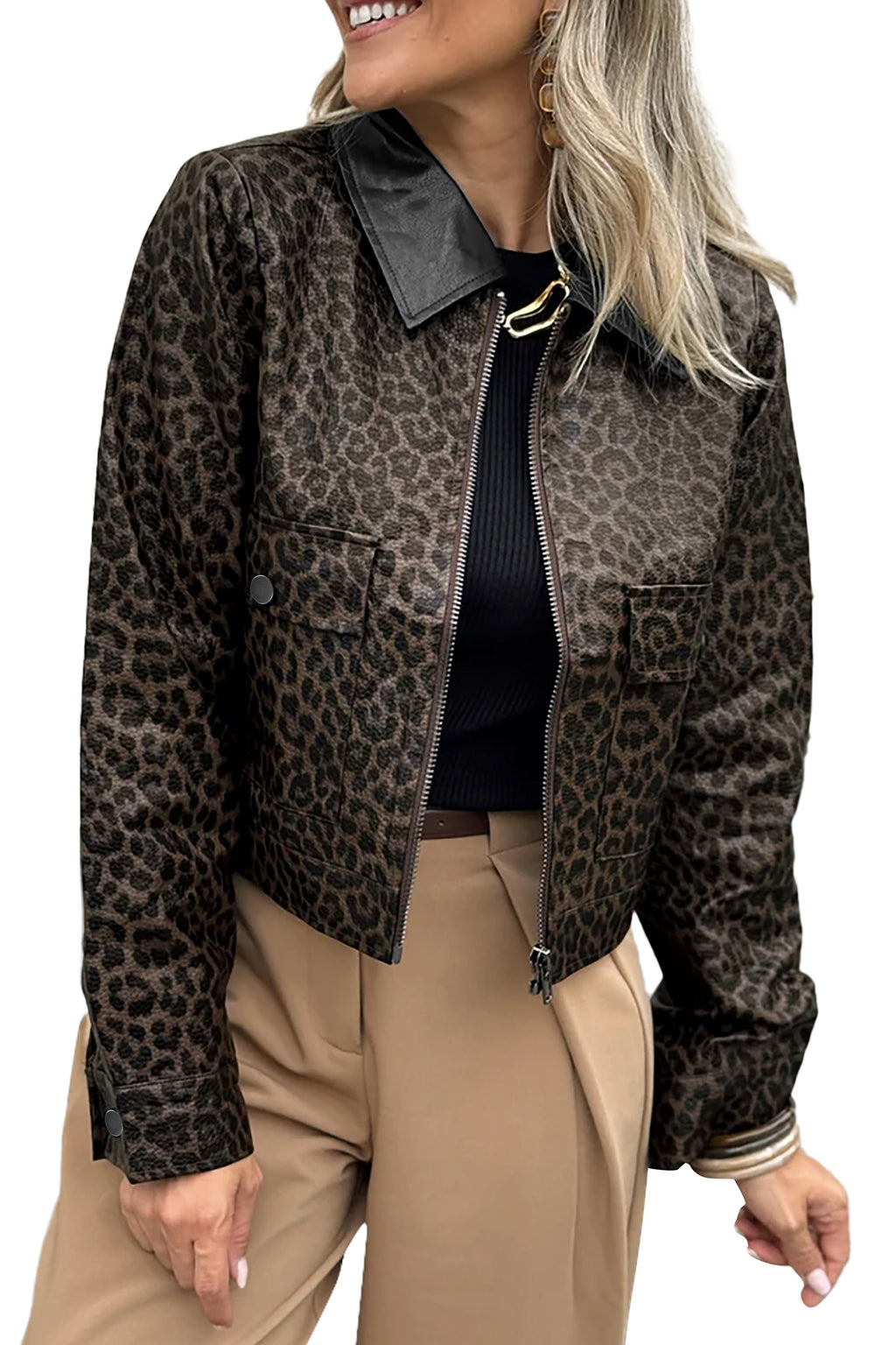 Leopard colorblock collar jacket, view 4