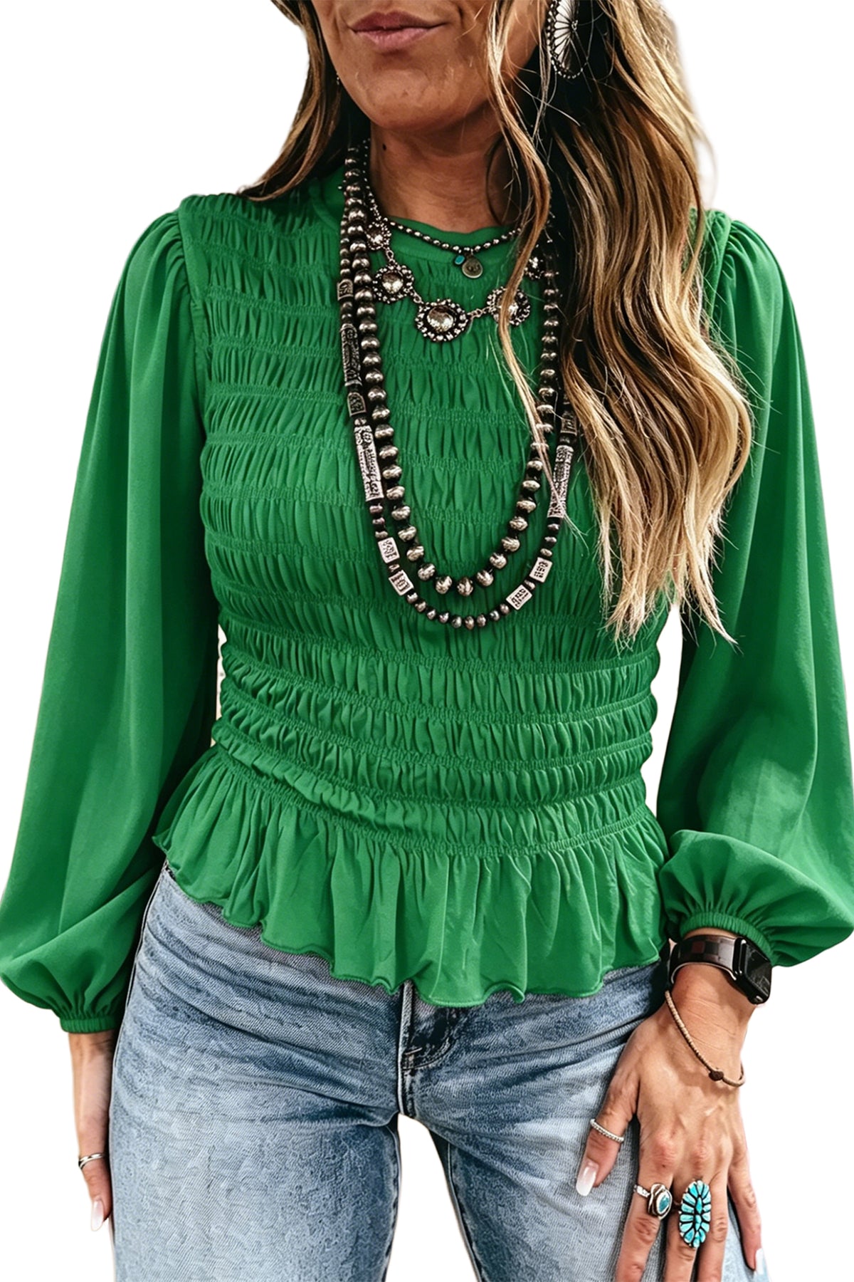 Jet Stream Solid Color Smocked Ruffle Hem Long Sleeve Blouse Dear-Lover Dropshipping