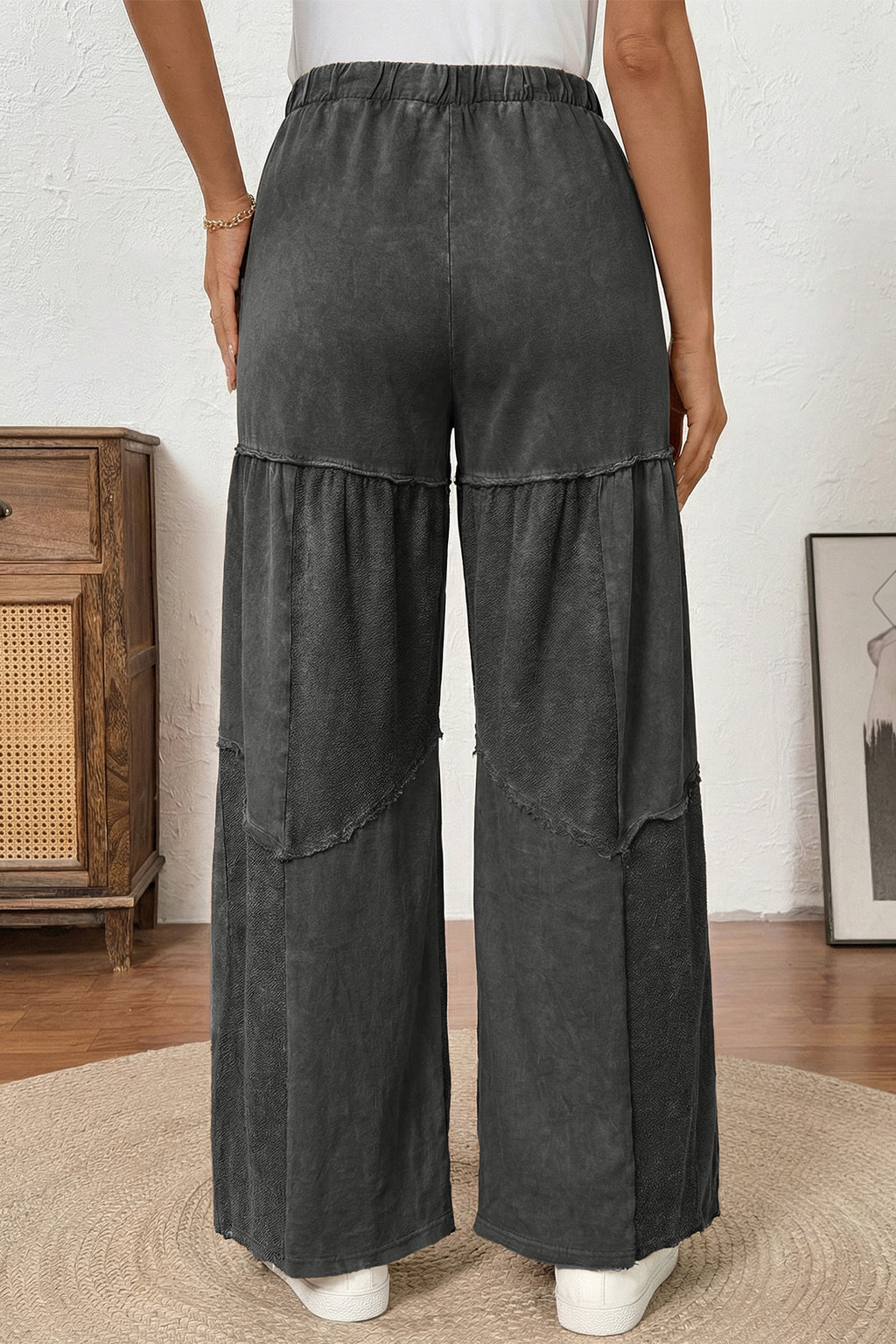 Black tiered wide leg pants, view 7