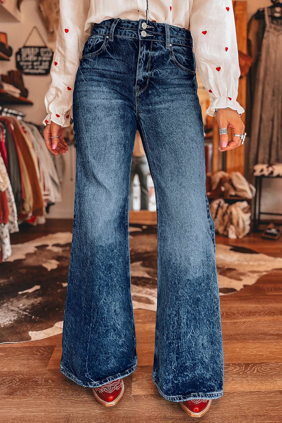 Blue acid wash flare jeans, view 19
