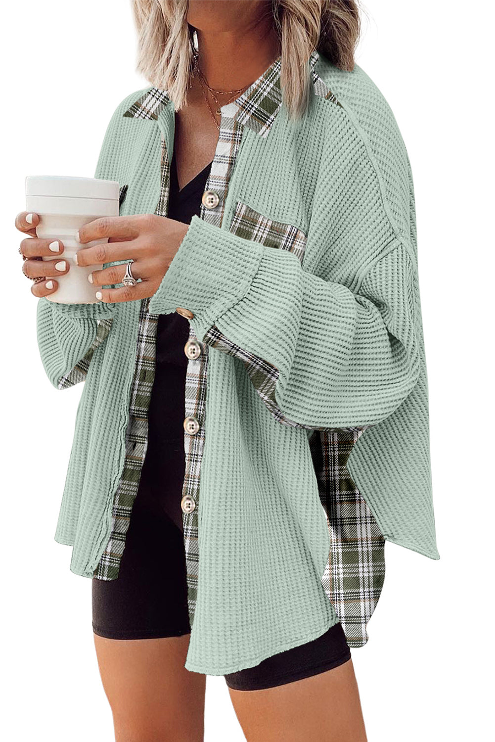 Grass Green Plaid Patchwork Waffle Thermal Knit Shacket Dear-Lover Dropshipping