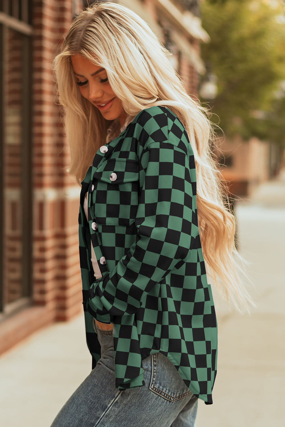 Black Checkerboard Flap Pocket Button Front Shacket Dear-Lover Dropshipping