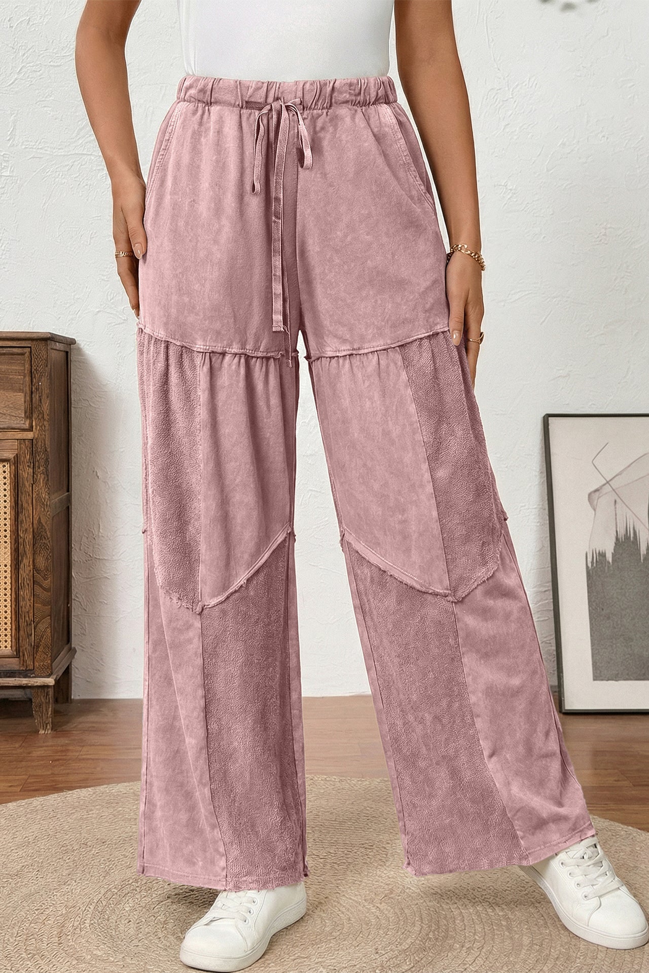 Black Mineral Wash Tiered Wide Leg Patchwork Drawstring Pants