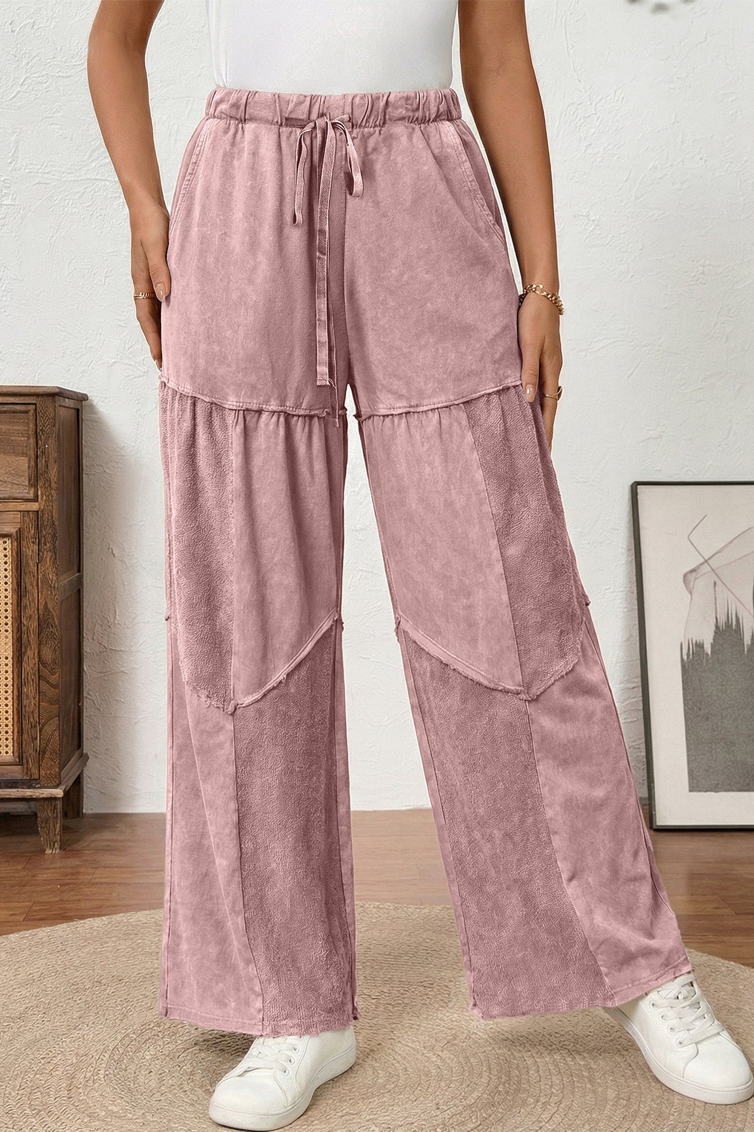Black Mineral Wash Tiered Wide Leg Patchwork Drawstring Pants
