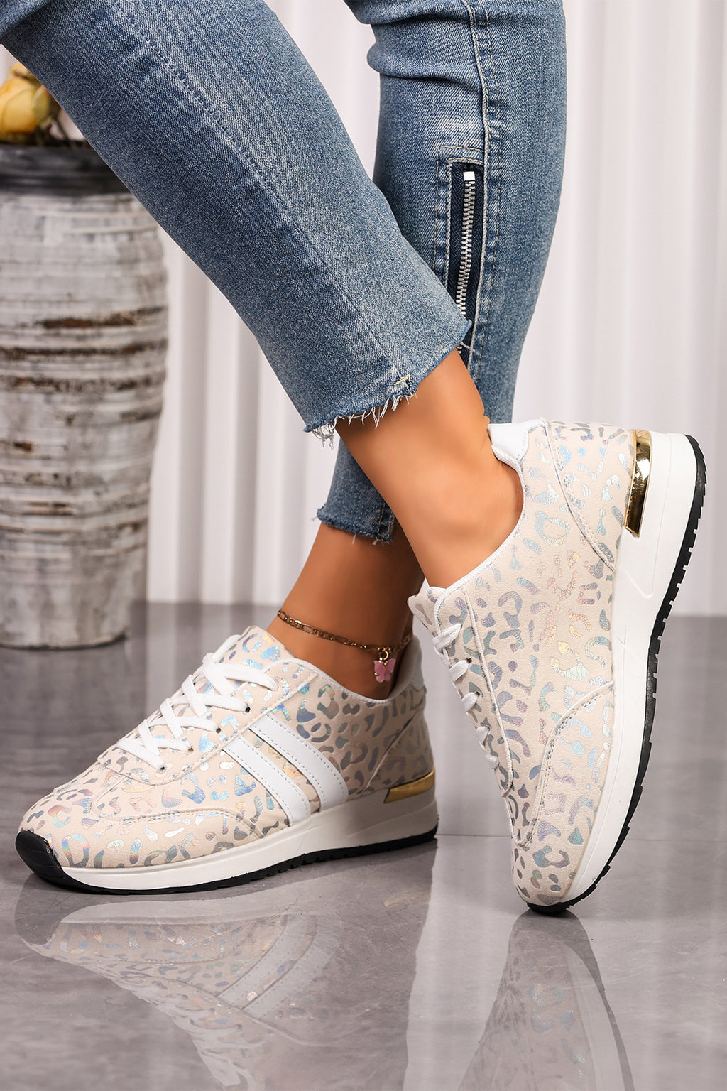 White leopard lace-up sneakers, view 3