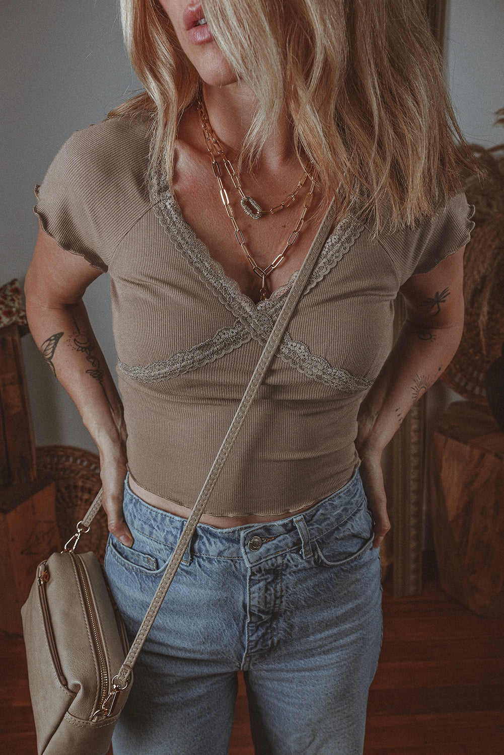 Brown Lace Trim Criss Cross V-Neck Top