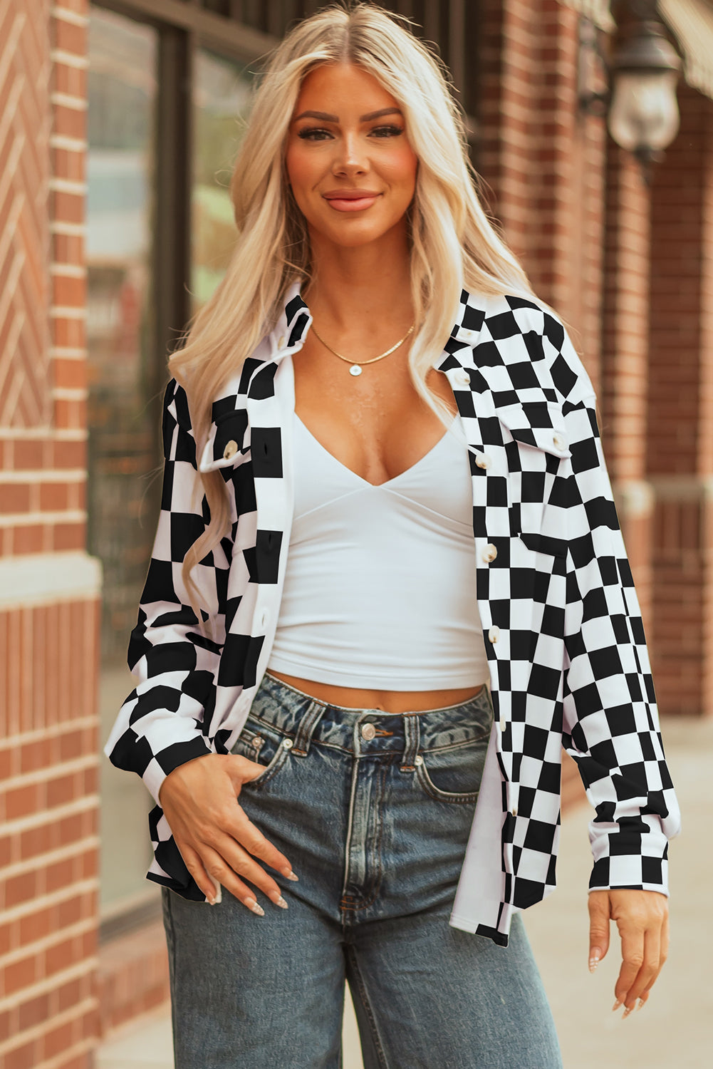 Black Checkerboard Flap Pocket Button Front Shacket Dear-Lover Dropshipping