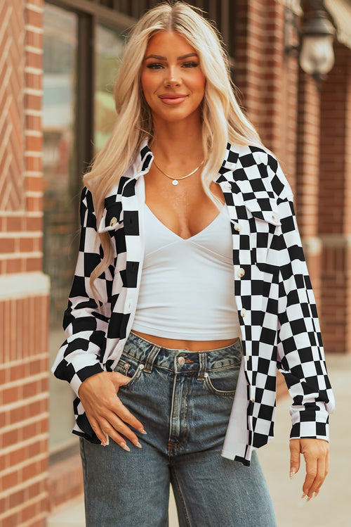 Black Checkerboard Flap Pocket Button Front Shacket Dear-Lover Dropshipping