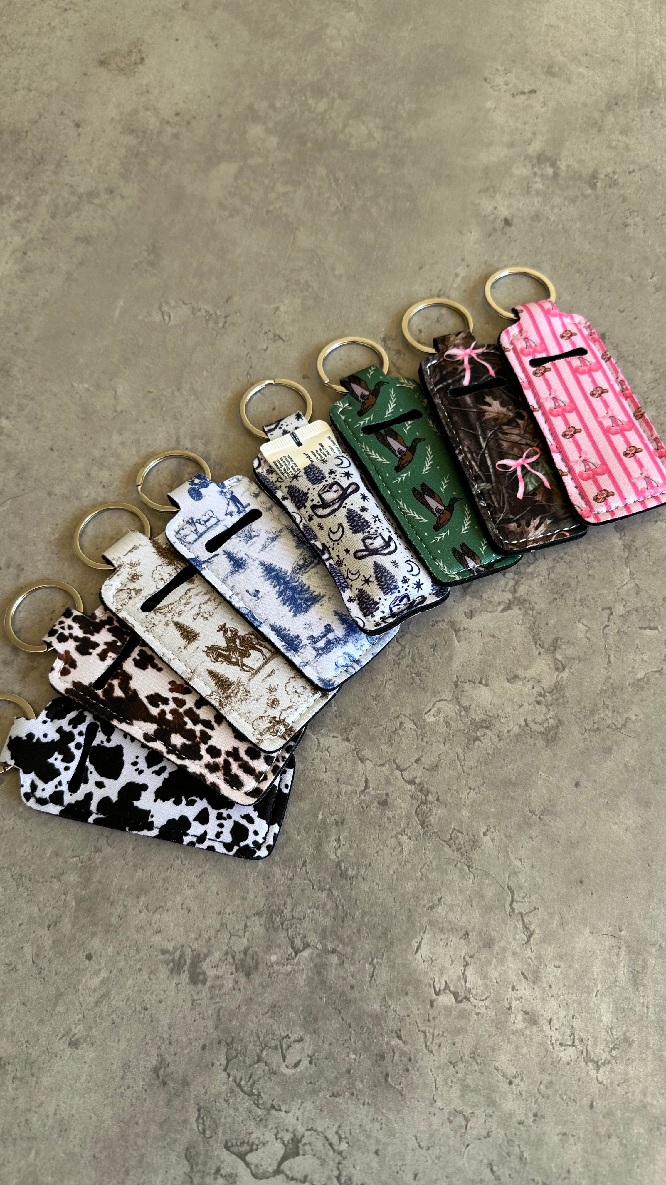 Chapstick Holder Keychain – Cow Print, Camo Pink Bow, Cowboy Toile, Barn Toile, croquette, duck, moon Hats & Accessories